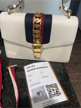Gucci Small Sylvie White Leather Shoulder Bag w/ Web Strap & COA